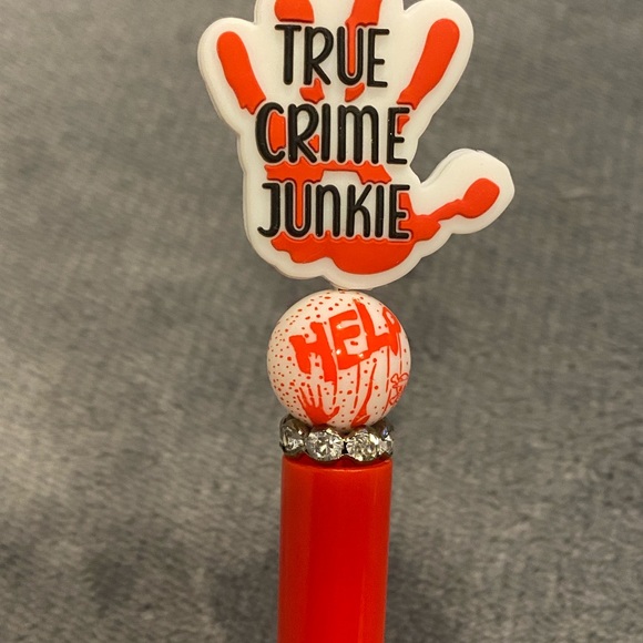 True crime junkie Focal Red Beaded Pen Halloween Horror Black Ink w/refills - Picture 2 of 2